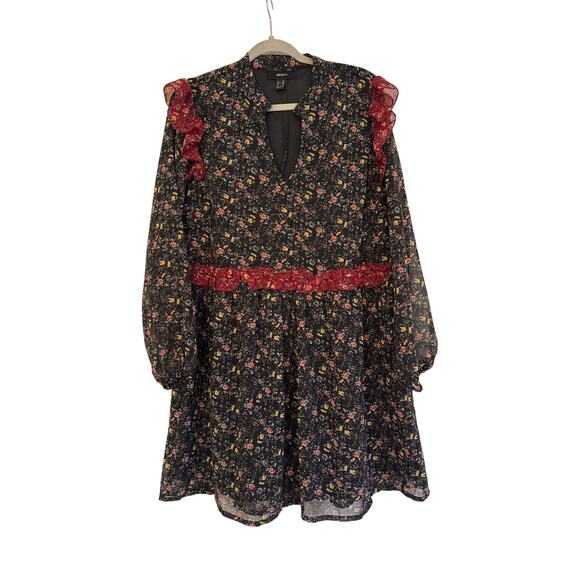 Forever 21 Tunic 0X Black Mini Floral Ditzy Print Ruffled Shoulder Boho - Picture 1 of 8